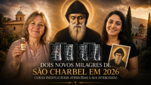 Representação de dois novos relatos de cura atribuídos à intercessão de São Charbel em 2026.