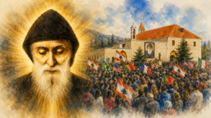 São Charbel Makhlouf durante a festa litúrgica de 24 de julho, representado diante do mosteiro de Annaya, no Líbano.