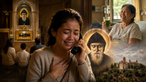 Representação do milagre atribuído à intercessão de São Charbel na cura de uma mulher com câncer nas Filipinas.