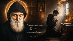 São Charbel em oração, representando a vida escondida e a humildade do santo.