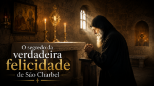 São Charbel em profunda oração, símbolo da verdadeira felicidade encontrada na união com Deus.