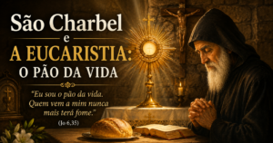 São Charbel em adoração diante da Eucaristia no eremitério.